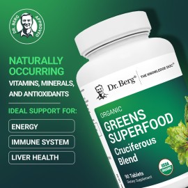 Dr. Berg\'s Greens Superfood Cruciferous Vegetable Tablets - Vegetable Supplements for Adults w/ 11 Phytonutrient Super Greens - Energy, Immune System & Liver Veggie Tablets - 90 Tablet