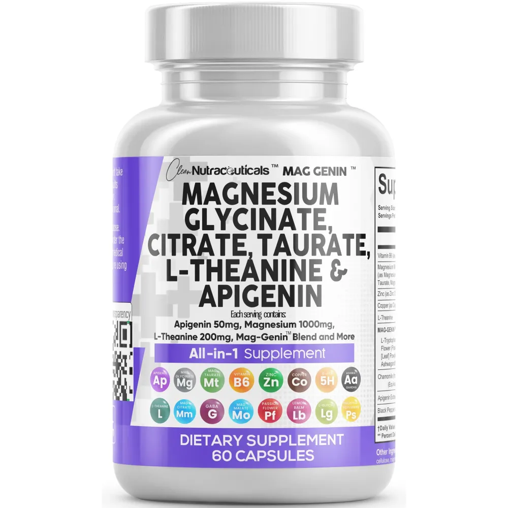 Clean Nutraceuticals Magnesium Glycinate Complex 1000mg with L-Theanine 200mg Apigenin 50mg Citrate Taurate Supplement - 5-HTP GABA Passion Flower Lemon Balm L-Glycine Phosphatidylserine - 60 Count Clean Nutraceuticals Magnesium Glycinate Complex 1000mg with L-Theanine 200mg Apigenin 50mg Citrate Taurate Supplement - 5-HTP GABA Passion Flower Lemon Balm L-Glycine Phosphatidylserine - 60 Count
