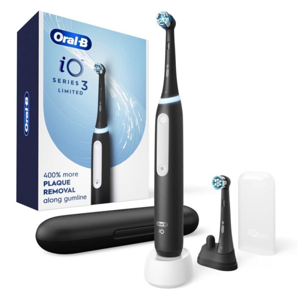 Oral-B iO Deep Clean Rechargeable Electric Powered Toothbrush, Black with iO Series 3 Limited, 2 Brush Heads and Travel Case - Pressure Sensor to Protect Gums - 3 Cleaning Settings - 2 Minute Timer Oral-B iO Deep Clean Rechargeable Electric Powered Toothbrush, Black with iO Series 3 Limited, 2 Brush Heads and Travel Case - Pressure Sensor to Protect Gums - 3 Cleaning Settings - 2 Minute Timer