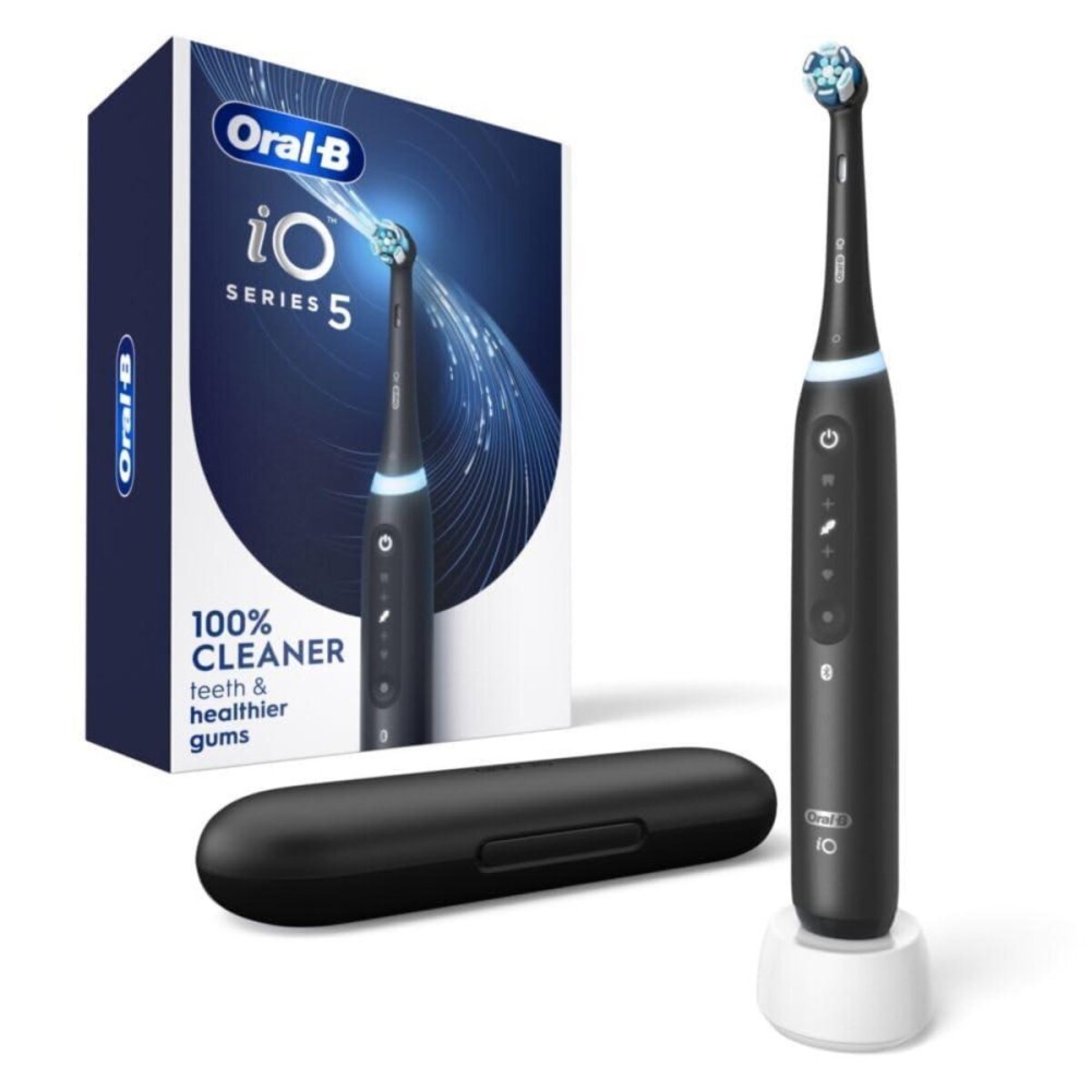 Oral-B iO Series 5 Rechargeable Electric Toothbrush with Visible Pressure Sensor to Protect Gums, 2 Minute Timer, 5 Cleaning Settings, 1 Replacement Toothbrush Heads, and Travel Case, Black Oral-B iO Series 5 Rechargeable Electric Toothbrush with Visible Pressure Sensor to Protect Gums, 2 Minute Timer, 5 Cleaning Settings, 1 Replacement Toothbrush Heads, and Travel Case, Black