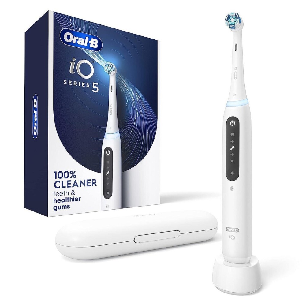Oral-B iO Series 5 Rechargeable Electric Toothbrush with Visible Pressure Sensor to Protect Gums, 2 Minute Timer, 5 Cleaning Settings, 1 Replacement Toothbrush Heads, and Travel Case, White Oral-B iO Series 5 Rechargeable Electric Toothbrush with Visible Pressure Sensor to Protect Gums, 2 Minute Timer, 5 Cleaning Settings, 1 Replacement Toothbrush Heads, and Travel Case, White