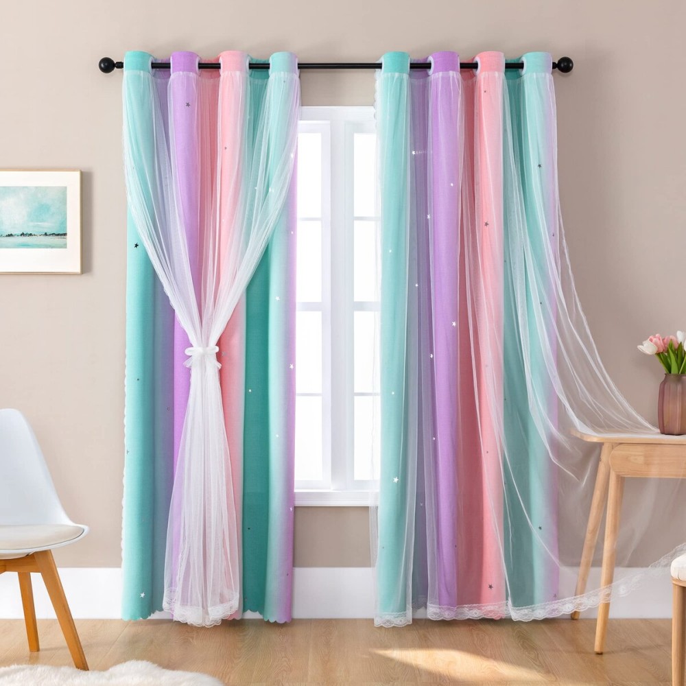 XiDi Curtains for Girls Bedroom Decor, Rainbow Blackout Curtains for Kids Room Decor, Purple for Little Girl Room, Unicorn Wall Decals Pink Curtains Green, 63 Inches Long 34 Wide 1 Panel XiDi Curtains for Girls Bedroom Decor, Rainbow Blackout Curtains for Kids Room Decor, Purple for Little Girl Room, Unicorn Wall Decals Pink Curtains Green, 63 Inches Long 34 Wide 1 Panel