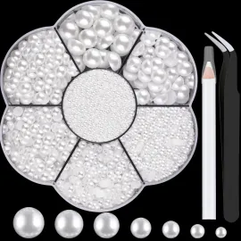 Nail Art Flat Back Half Round Pearl Kits 3, 1 Box of 6000 Pcs Flat-Back White Pearl with Tweezer and Picker Pencil for Home DIY Nails Body Face Craft and Salon Use