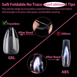 UNA GELLA Short Fake Nails Tips Almond Shape 504PCS Soft Press On Gel Nail Tips Pre Shaped For Women Home Almond Nail Extension Full Cover, 12 Sizes Acrylic Gelly Tips