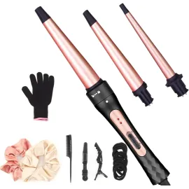 Curling Iron Wand Set, Curling Wand 3 in 1 Hair Curling Wands Interchangeable Ceramic 0.35-1.25inch Barrel Hair Curler, with Heat Resistant Glove