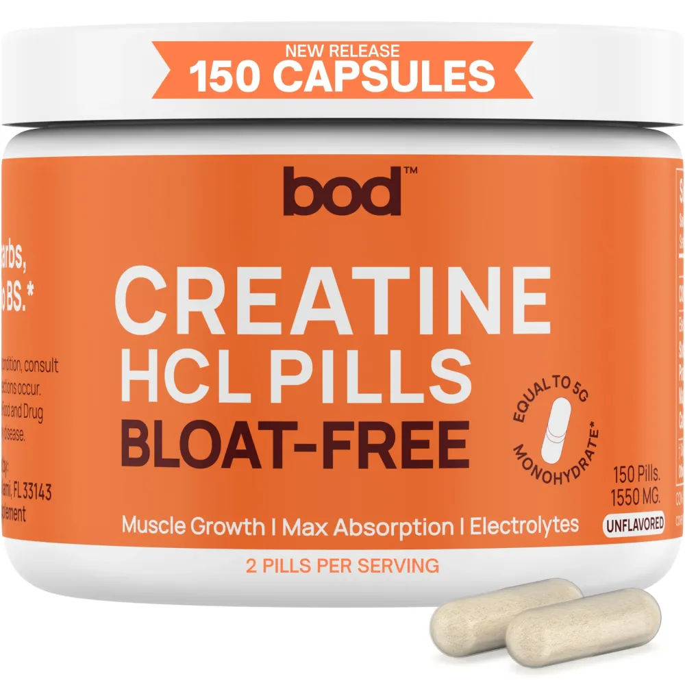 BOD Creatine Capsules HCL Pills for Muscle Support, Endurance, No Bloat, No Load, Monohydrate Micronized Alternative, Unflavored Creatine for Women and Men, Vegan, Keto, 150 Capsules, 75 Servings BOD Creatine Capsules HCL Pills for Muscle Support, Endurance, No Bloat, No Load, Monohydrate Micronized Alternative, Unflavored Creatine for Women and Men, Vegan, Keto, 150 Capsules, 75 Servings