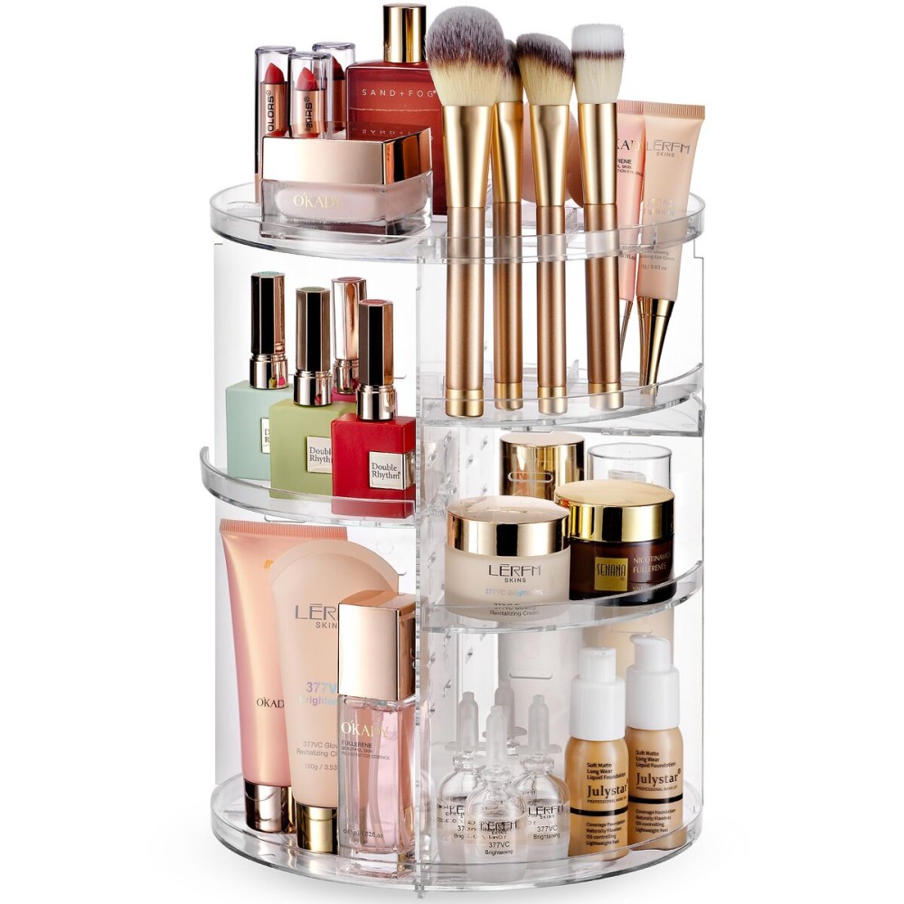 Masirs, Rotating Makeup Organizer - Adjustable Shelf Height and Fully Rotatable, The Perfect Round Spinning Cosmetic Organizer for Bedroom Dresser or Vanity Countertop Storage. (Clear) Masirs, Rotating Makeup Organizer - Adjustable Shelf Height and Fully Rotatable, The Perfect Round Spinning Cosmetic Organizer for Bedroom Dresser or Vanity Countertop Storage. (Clear)