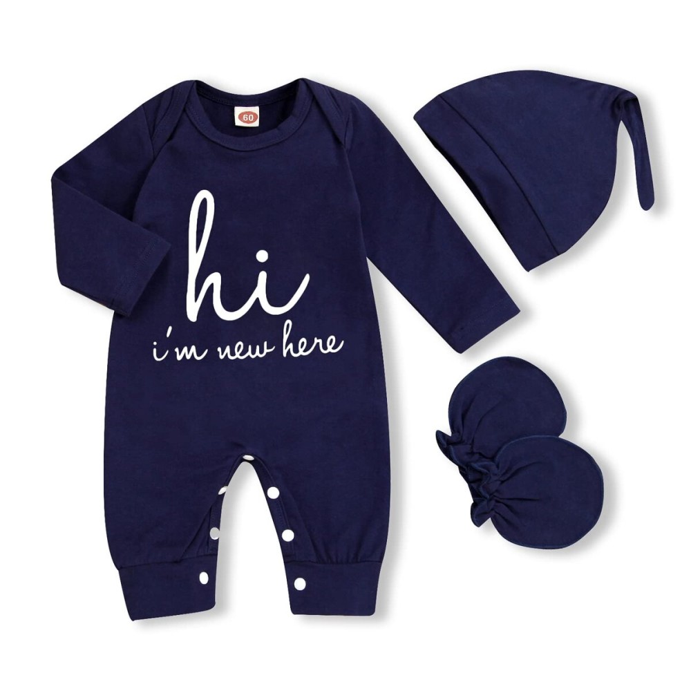 GRNSHTS Newborn Baby Boy Romper Coming Home Outfits Letter Print Bodysuit Jumpsuit+Hat+Gloves 3PCS Clothes Set (A-Navy Blue, Newborn) GRNSHTS Newborn Baby Boy Romper Coming Home Outfits Letter Print Bodysuit Jumpsuit+Hat+Gloves 3PCS Clothes Set (A-Navy Blue, Newborn)