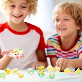 Kathfly 14 Die Rubber Ducks Dice, Resin Polyhedral Dice Set Filled with Animal, Ice Cool Rubber Ducks Translucent Cute Playing Toy with 2 Black Pouches for Board Game, Green, Yellow
