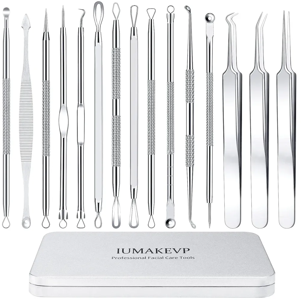 Pimple Popper Tool Kit, IUMAKEVP 15 PCS Professional Stainless Steel Blackhead Remover Comedone Extractor Tools for Removing Zit on Face - Acne Removal Kit with Metal Case (Silver) Pimple Popper Tool Kit, IUMAKEVP 15 PCS Professional Stainless Steel Blackhead Remover Comedone Extractor Tools for Removing Zit on Face - Acne Removal Kit with Metal Case (Silver)