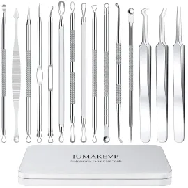 Pimple Popper Tool Kit, IUMAKEVP 15 PCS Professional Stainless Steel Blackhead Remover Comedone Extractor Tools for Removing Zit on Face - Acne Removal Kit with Metal Case (Silver)