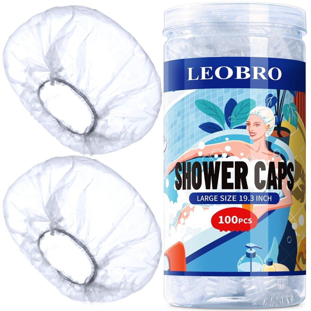 LEOBRO Shower Cap, Large Disposable Shower Caps, 100PCS Large Shower Caps for Women Disposable, Plastic Hair Caps for Shower, Thick Waterproof Plastic Shower Caps, Large Size 19.3 INCH LEOBRO Shower Cap, Large Disposable Shower Caps, 100PCS Large Shower Caps for Women Disposable, Plastic Hair Caps for Shower, Thick Waterproof Plastic Shower Caps, Large Size 19.3 INCH