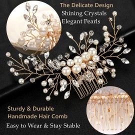 ULTIMUTE Hair Comb and 4 Pins Bridal Hair Accessories, Pearl Crystal Rhinestone Wedding Hair Comb and Hair Pins for Brides Bridesmaids Women Girls (Gold, 5 Pieces)