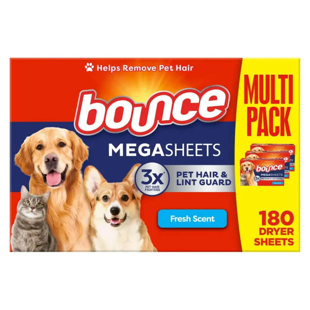 Bounce Pet Hair and Lint Guard Mega Fabric Softener Dryer Sheets with 3X Pet Hair Fighters, Fresh Scent, 180 Count, Bounce Dryer Sheets, Laundry Sheets, Mega Sheet Bounce Pet Hair and Lint Guard Mega Fabric Softener Dryer Sheets with 3X Pet Hair Fighters, Fresh Scent, 180 Count, Bounce Dryer Sheets, Laundry Sheets, Mega Sheet