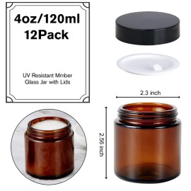 4oz Jars with Lids, Hoa Kinh 12 Pack Amber Glass Jars with Lids Empty Cosmetic Containers Round Airtight Glass Jar with Inner Liners and black Lid for Storing Lotions, Powders, and Ointments