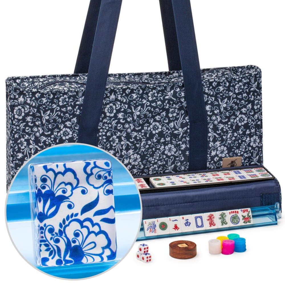 Yellow Mountain Imports American Mahjong Set, Chinoise II with Floral Blue Soft Case - All-in-One Racks with Pushers, Wright Patterson Betting Coins, Dice, & Wind Indicator Yellow Mountain Imports American Mahjong Set, Chinoise II with Floral Blue Soft Case - All-in-One Racks with Pushers, Wright Patterson Betting Coins, Dice, & Wind Indicator