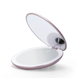Fancii LED Lighted Travel Makeup Mirror, Rechargeable with 10x/1x Magnifying & 3 Light Settings - Compact, Portable, Large 5 Wide Hand Mirror for Handbag and Purses (Rose Gold)