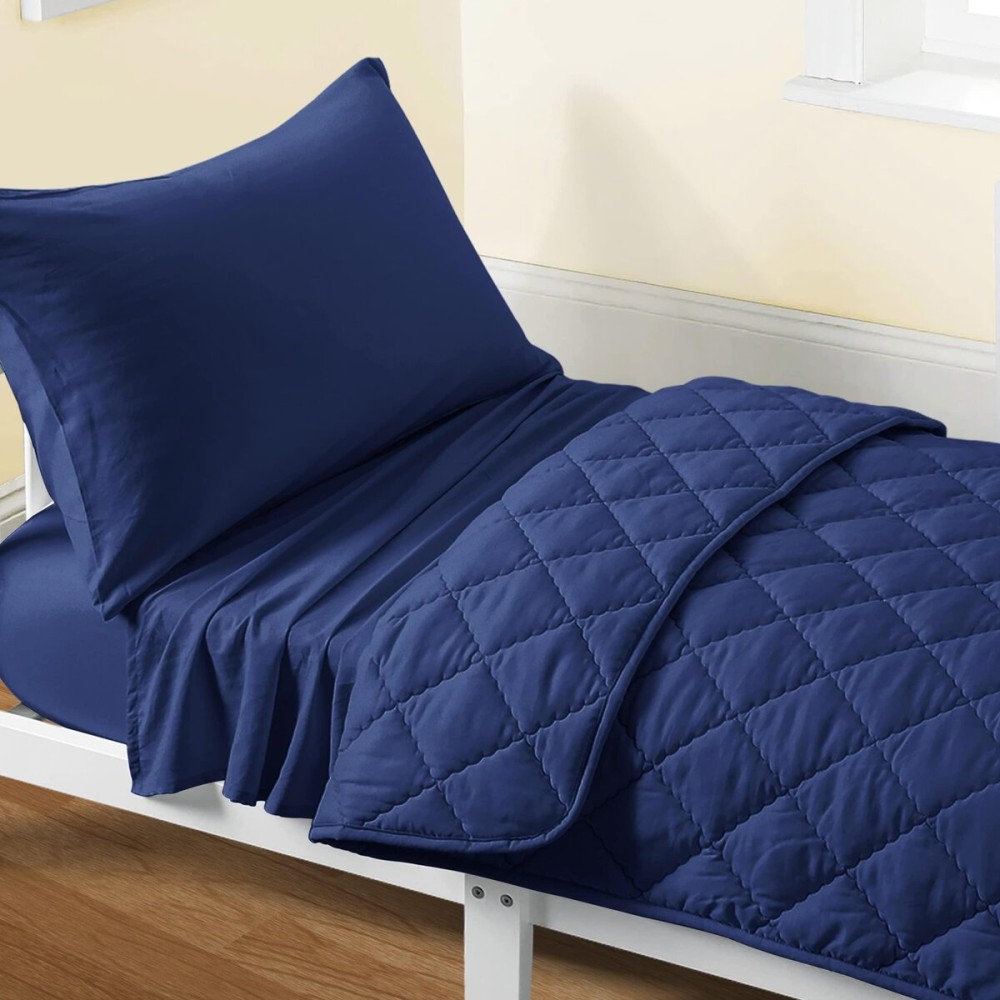 FLXXIE 4 Pieces Toddler Bedding Set, Soft and Breathable Microfiber Crib Sheet Set, Includes Quilted Comforter, Flat Top Sheet, Fitted Sheet, Envelope Pillow Case for Boys and Girls, Navy Blue FLXXIE 4 Pieces Toddler Bedding Set, Soft and Breathable Microfiber Crib Sheet Set, Includes Quilted Comforter, Flat Top Sheet, Fitted Sheet, Envelope Pillow Case for Boys and Girls, Navy Blue