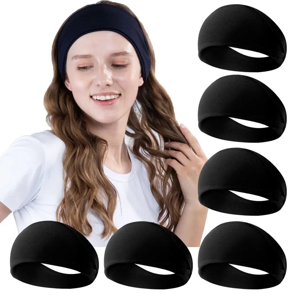 RITOPER Black Workout Yoga Headbands for Women,6 Pack Wide Elastic Thick Headbands for Running Athletic, Non Slip Stretchy Sweat Head Bands Hair Bands (Solid Headband)
