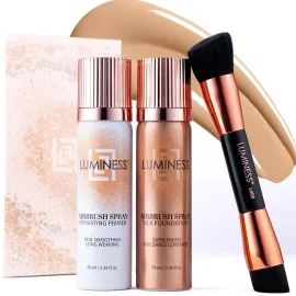 LUMINESS Airbrush Spray Silk Foundation Starter Kit - Light Medium - Foundation, Primer & Dual-Sided Angled Buffing Brush - Medium, Buildable Coverage, Anti-Aging Formula Hydrates & Moisturizes