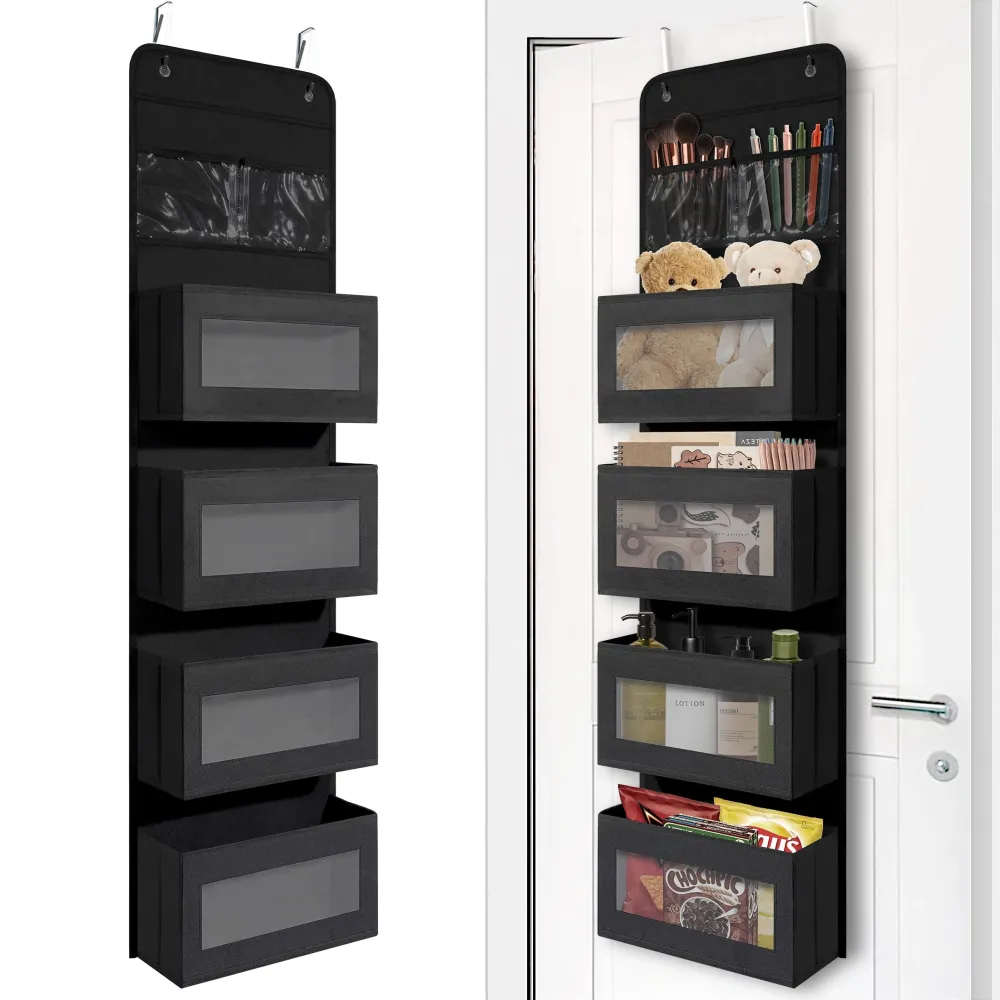 Over Door Organizer with 4 Large Capacity Pockets, Hanging Organizer Storage for Closet Bathroom Nursery Bedroom Dorm, Toys Cosmetics Sundries and Baby Essentials, Black