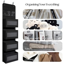 Over Door Organizer with 4 Large Capacity Pockets, Hanging Organizer Storage for Closet Bathroom Nursery Bedroom Dorm, Toys Cosmetics Sundries and Baby Essentials, Black