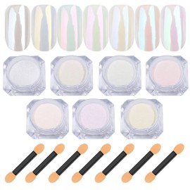 7 Colors White Pearl Chrome Nail Powder Aurora Metallic Nail Powder Holographic Mirror Effect Chrome Powder Iridescent Shell Powder Glitter Nail Art Pigment Manicure for Nails (White Pearl)