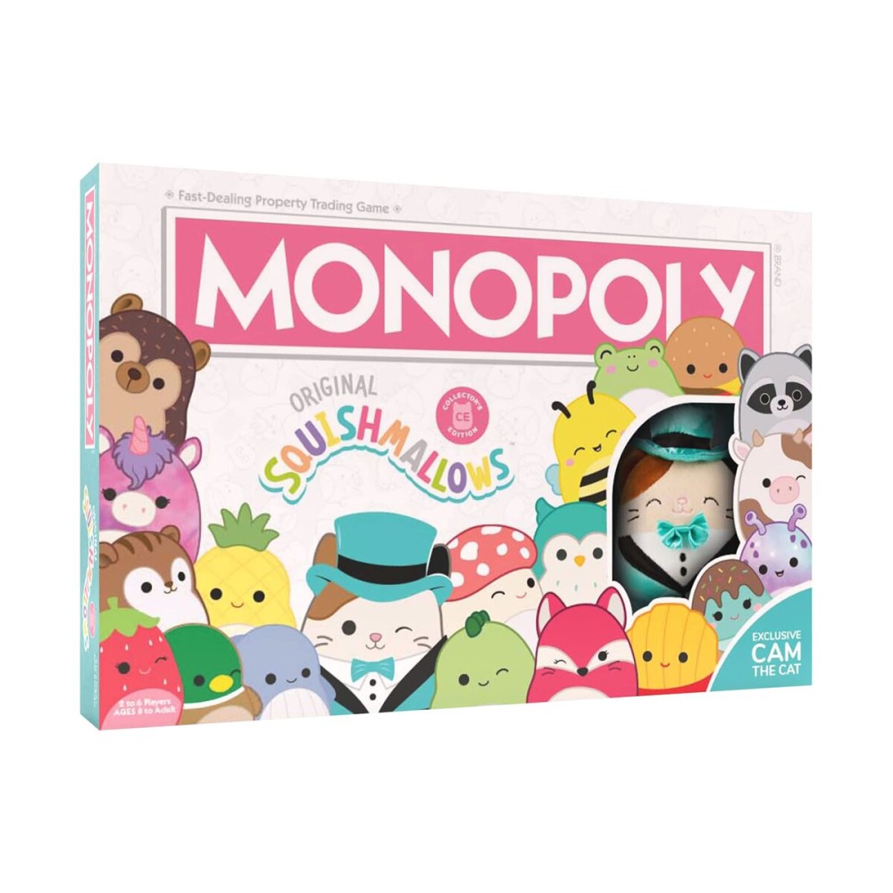 Monopoly: Squishmallows | Collectors Edition Board Game with Cam The Cat Plush Monopoly: Squishmallows | Collectors Edition Board Game with Cam The Cat Plush