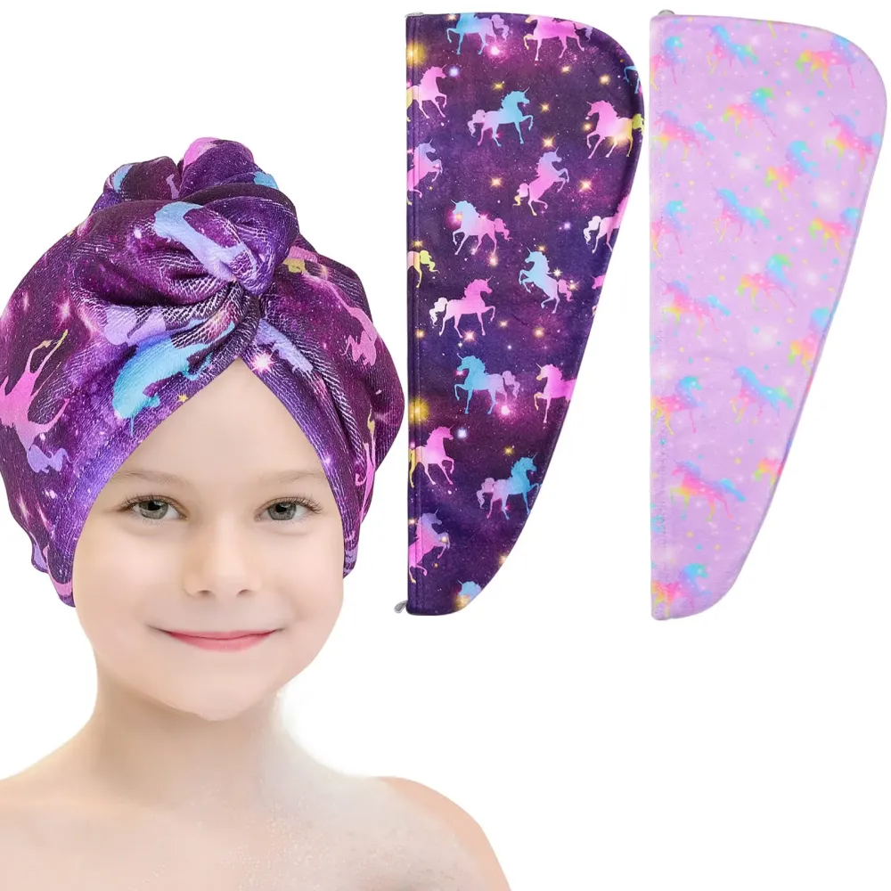 Basumee Microfiber Hair Towel Wrap for Kids 2 Pack Rapid Drying Hair Towel with Button Hair Turbans for Wet Hair Wraps Head Towel Wrap for Women and Girls, Dark Unicorn Basumee Microfiber Hair Towel Wrap for Kids 2 Pack Rapid Drying Hair Towel with Button Hair Turbans for Wet Hair Wraps Head Towel Wrap for Women and Girls, Dark Unicorn