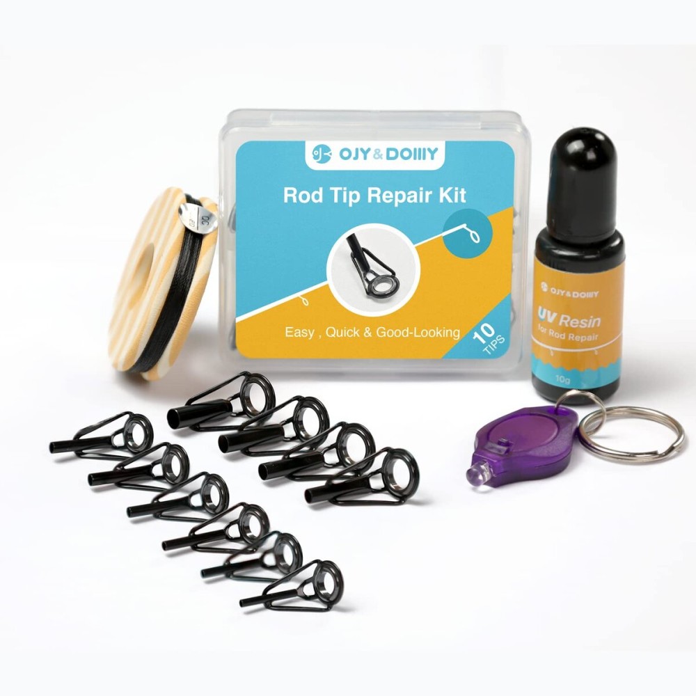 Fishing Rod Tip Repair Kit with Glue, Complete Kit with UV Cured Adhesive and 10 Rod Tips Fishing Rod Tip Repair Kit with Glue, Complete Kit with UV Cured Adhesive and 10 Rod Tips
