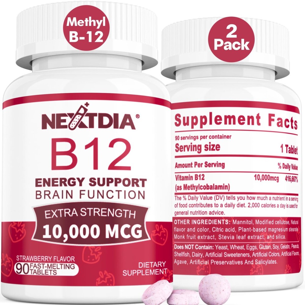 B12 Vitamins 10,000 mcg, Methylated Vitamin B12 Sublingual - Energy Boost, Focus, Metabolism & Brain Health Support, Immune System Support, Fast Dissolve, Natural Strawberry Flavor, 180 Servings B12 Vitamins 10,000 mcg, Methylated Vitamin B12 Sublingual - Energy Boost, Focus, Metabolism & Brain Health Support, Immune System Support, Fast Dissolve, Natural Strawberry Flavor, 180 Servings
