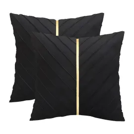 Tosleo Black Velvet Throw Pillow Covers 18 x18 inch Pack of 2 with Gold Leather Decorative Couch Pillow Cover Luxury Modern Pillowcases for Wedding Living Room Bedroom Sofa Cushion Bed