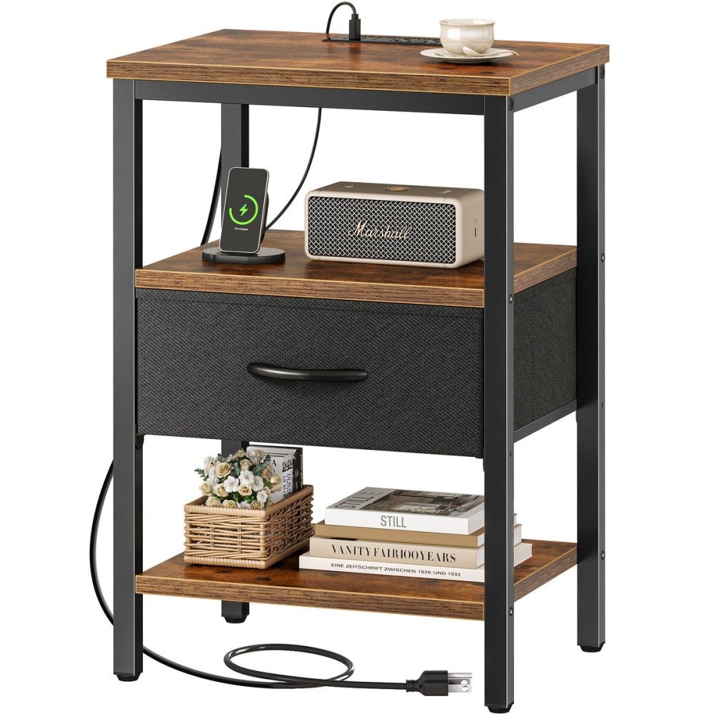 SUPERJARE Nightstand with Charging Station, Bed Side Table with Adjustable Fabric Drawer, Night Stand for Bedroom, 3-Tier Storage End Table, for Living Room, Rustic Brown and Black SUPERJARE Nightstand with Charging Station, Bed Side Table with Adjustable Fabric Drawer, Night Stand for Bedroom, 3-Tier Storage End Table, for Living Room, Rustic Brown and Black