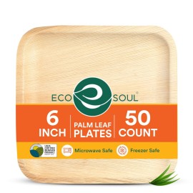 ECO SOUL 50 Count Square Palm Leaf Plates of 6 Inch - Disposable, Eco-Friendly, Biodegradable Bamboo Plates - Perfect for Parties, Catering, Weddings & Large Events