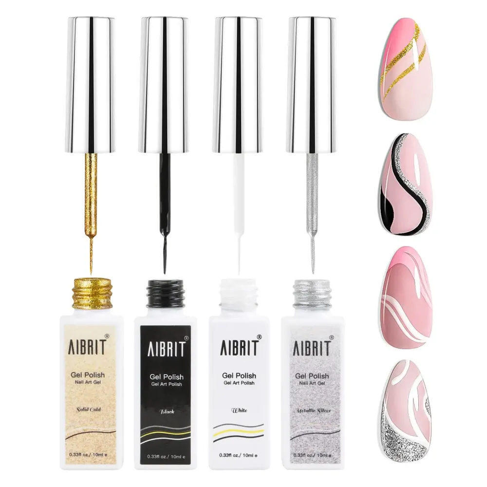 Gel Liner Art Polish Set 10ml, 4 Colors Black White Gold Silver Design Paint with Thin Brush in Bottle for Swirl/ Euphoria French Tips Manicure Painting DIY at Home Gel Liner Art Polish Set 10ml, 4 Colors Black White Gold Silver Design Paint with Thin Brush in Bottle for Swirl/ Euphoria French Tips Manicure Painting DIY at Home