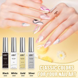 Gel Liner Art Polish Set 10ml, 4 Colors Black White Gold Silver Design Paint with Thin Brush in Bottle for Swirl/ Euphoria French Tips Manicure Painting DIY at Home Gel Liner Art Polish Set 10ml, 4 Colors Black White Gold Silver Design Paint with Thin Brush in Bottle for Swirl/ Euphoria French Tips Manicure Painting DIY at Home