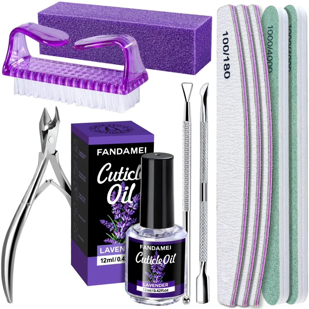 FANDAMEI Nail Files and Buffers, Nail Cuticle Remover Kit with Nail File, Nail Buffer, Nail Buffer Block, Cuticle Nipper, Cuticle Pusher, Cuticle Peeler. Nail Cuticle Oil Lavender for Nail Care FANDAMEI Nail Files and Buffers, Nail Cuticle Remover Kit with Nail File, Nail Buffer, Nail Buffer Block, Cuticle Nipper, Cuticle Pusher, Cuticle Peeler. Nail Cuticle Oil Lavender for Nail Care