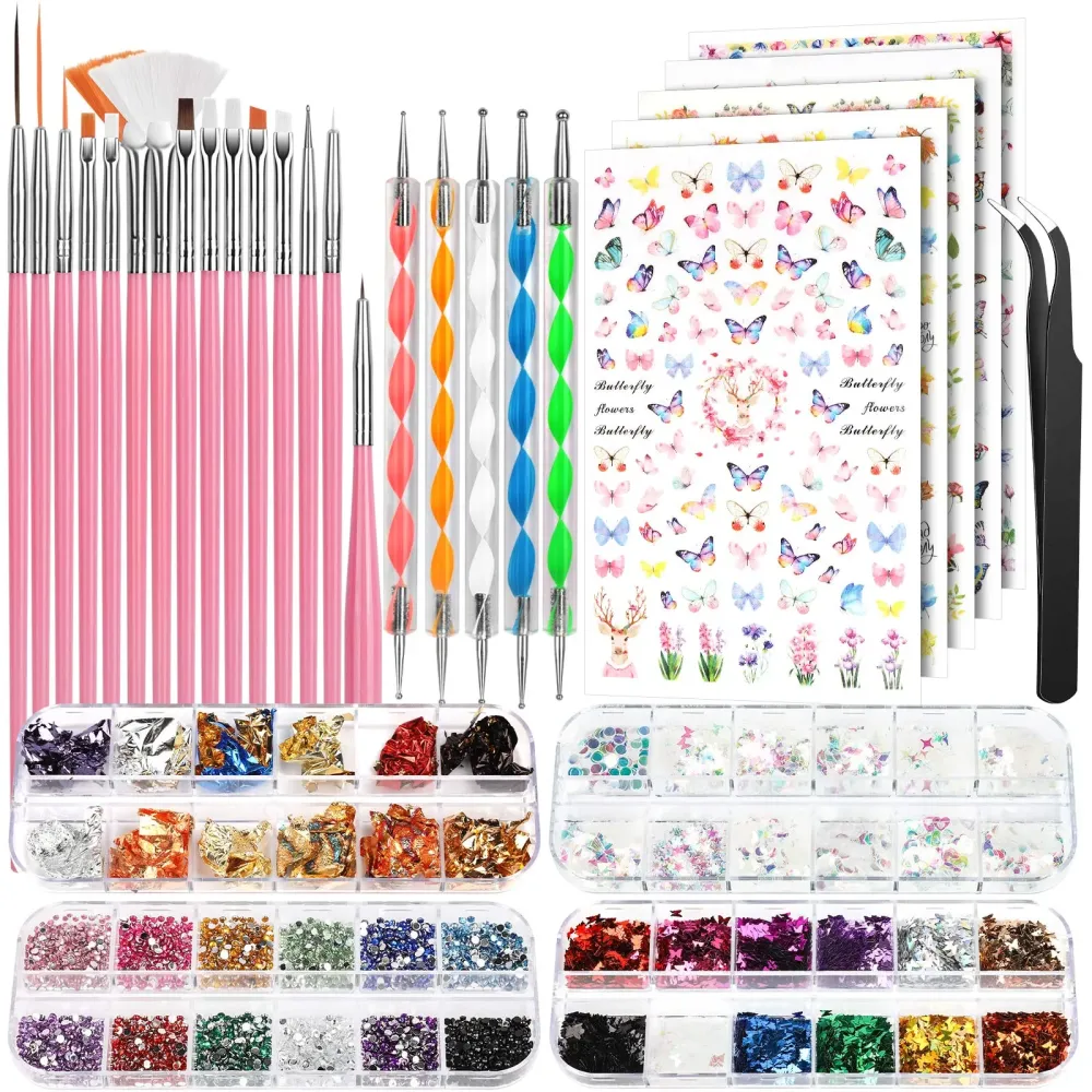 FANDAMEI Nail Art Brushes Set, Nail Art Kit, Nail Design Kit, Nail Art Dotting Pens, Nail Stickers, Butterfly Nail Art Sequins, Nail Foils, Nail Art Flakes Iridescent, Rhinestones For Nails FANDAMEI Nail Art Brushes Set, Nail Art Kit, Nail Design Kit, Nail Art Dotting Pens, Nail Stickers, Butterfly Nail Art Sequins, Nail Foils, Nail Art Flakes Iridescent, Rhinestones For Nails