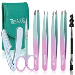 TsMADDTs 7PCS Tweezers for Women Facial Hair, Precision Tweezer Set for Eyebrows with Curved Scissor and Eyebrow Razor for Ingrown Hair