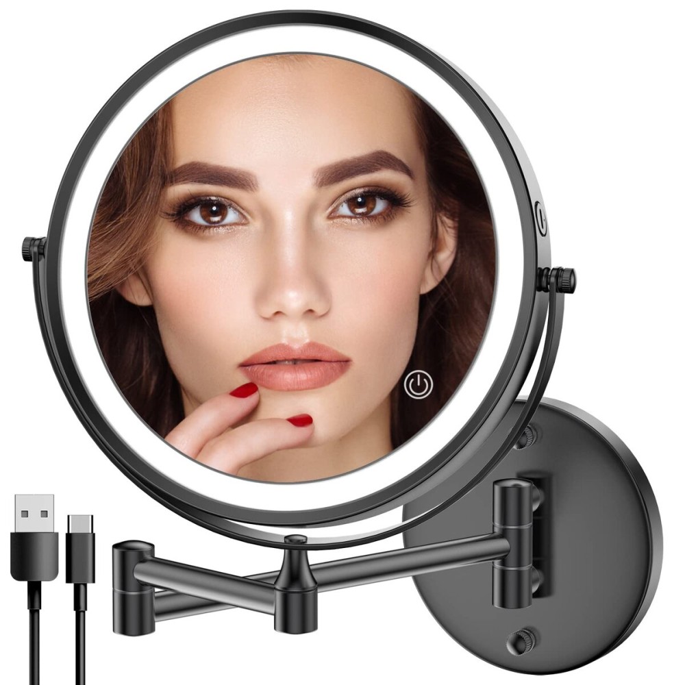 Rocollos Rechargeable Wall Mounted Lighted Makeup Mirror, 8 Inch Double-Sided LED Vanity Mirror 1X/10X Magnification,3 Color Lights Touch Screen Dimmable 360Swivel (Black, 10X)