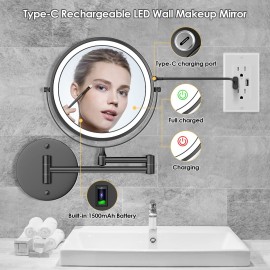 Rocollos Rechargeable Wall Mounted Lighted Makeup Mirror, 8 Inch Double-Sided LED Vanity Mirror 1X/10X Magnification,3 Color Lights Touch Screen Dimmable 360Swivel (Black, 10X)