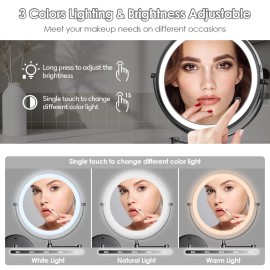 Rocollos Rechargeable Wall Mounted Lighted Makeup Mirror, 8 Inch Double-Sided LED Vanity Mirror 1X/10X Magnification,3 Color Lights Touch Screen Dimmable 360Swivel (Black, 10X)