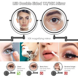 Rocollos Rechargeable Wall Mounted Lighted Makeup Mirror, 8 Inch Double-Sided LED Vanity Mirror 1X/10X Magnification,3 Color Lights Touch Screen Dimmable 360Swivel (Black, 10X)