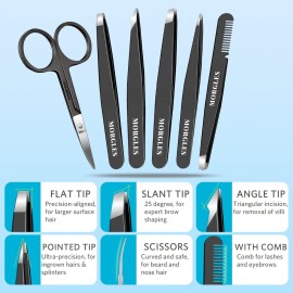MORGLES Tweezers Set and Nail Clippers, 9 Pcs Stainless Steel Tweezers Kit for Men Professional Manicure Set for Men Grooming Kit with Leather Travel Case