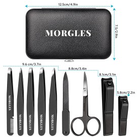 MORGLES Tweezers Set and Nail Clippers, 9 Pcs Stainless Steel Tweezers Kit for Men Professional Manicure Set for Men Grooming Kit with Leather Travel Case