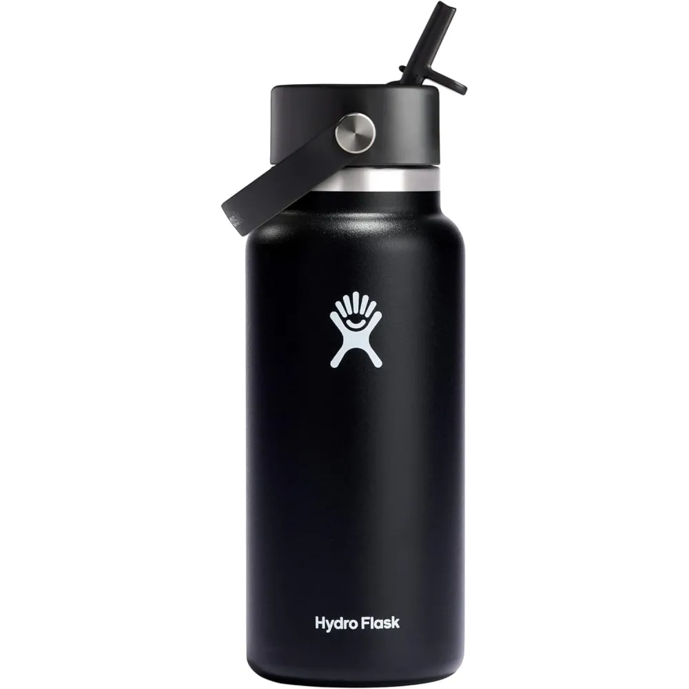 Hydro Flask Water Bottle - Insulated Stainless Steel - Wide Straw Lid, Non Spill, Leakproof in 32 Oz Black Hydro Flask Water Bottle - Insulated Stainless Steel - Wide Straw Lid, Non Spill, Leakproof in 32 Oz Black