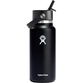 Hydro Flask Water Bottle - Insulated Stainless Steel - Wide Straw Lid, Non Spill, Leakproof in 32 Oz Black