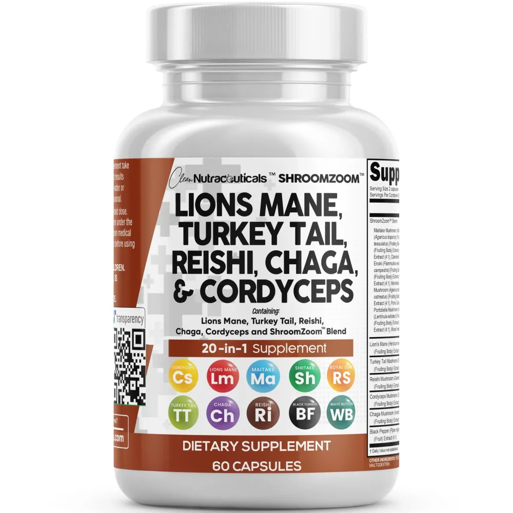 Clean Nutraceuticals Lions Mane 20in1 Mushroom Supplement with Turkey Tail Reishi Cordyceps Chaga Maitake Meshima Poria Cocos Shiitake Oyster Porcini Enoki - Pack Clean Nutraceuticals Lions Mane 20in1 Mushroom Supplement with Turkey Tail Reishi Cordyceps Chaga Maitake Meshima Poria Cocos Shiitake Oyster Porcini Enoki - Pack