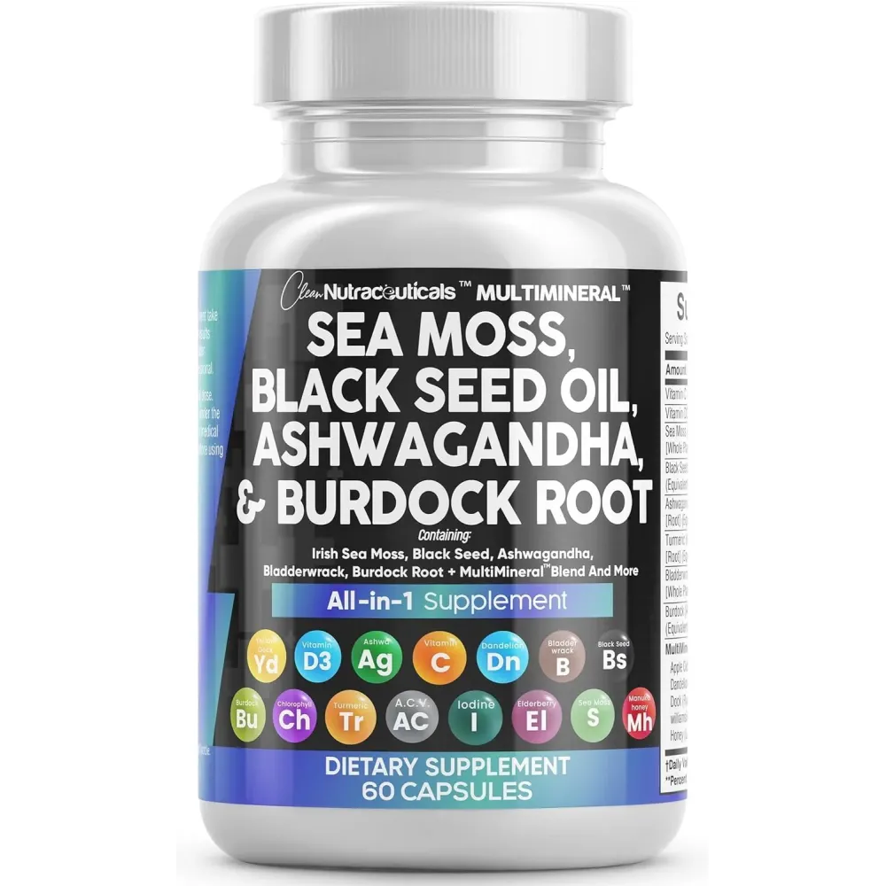 Clean Nutraceuticals Sea Moss Black Seed Oil Ashwagandha Turmeric Bladderwrack Burdock & Vitamin C Vitamin D3 with Elderberry Manuka Dandelion Yellow Dock Iodine Chlorophyll ACV Clean Nutraceuticals Sea Moss Black Seed Oil Ashwagandha Turmeric Bladderwrack Burdock & Vitamin C Vitamin D3 with Elderberry Manuka Dandelion Yellow Dock Iodine Chlorophyll ACV