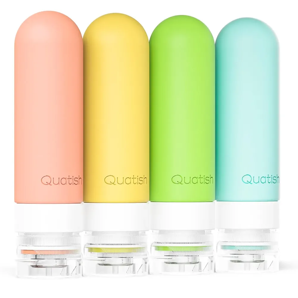 Quatish Travel Bottles for Toiletries, Original Patented Leak Proof Travel Size Containers, 3 oz Tsa Approved Silicone Shampoo and Conditioner Bottles, 4 Pack, Multi-Color Quatish Travel Bottles for Toiletries, Original Patented Leak Proof Travel Size Containers, 3 oz Tsa Approved Silicone Shampoo and Conditioner Bottles, 4 Pack, Multi-Color